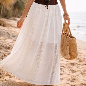 White Boho Maxi Skirt Lace Panel Belted Size M
